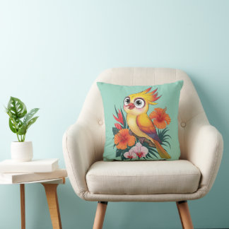 Coussin Oiseaux jaunes adorables avec fleurs