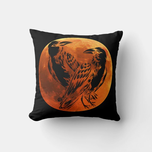 Coussin Oiseaux - Lune réversible et corbeau noir poussent (Recto)