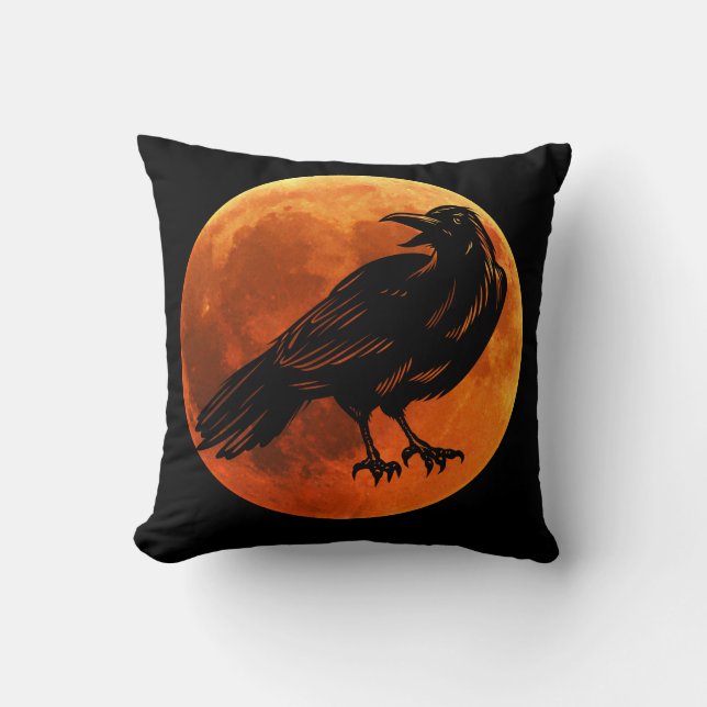 Coussin Oiseaux - Lune réversible et corbeau noir poussent (Recto)