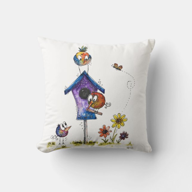 Coussin Oiseaux mignons de Whimsical à une maison d'oiseau (Recto)