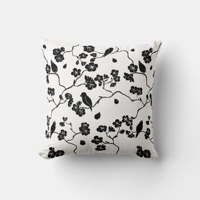 Coussin Oiseaux Motifs noirs et blancs sur les fleurs de c (Recto)