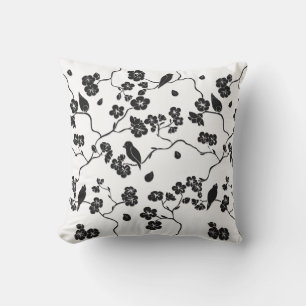 Coussin Oiseaux Motifs noirs et blancs sur les fleurs de c