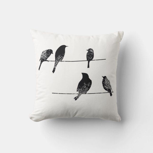 Coussin Oiseaux noirs à l'air porté par le fil (Recto)