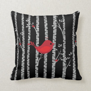 Coussin Oiseaux noirs et blancs avec oiseaux rouges