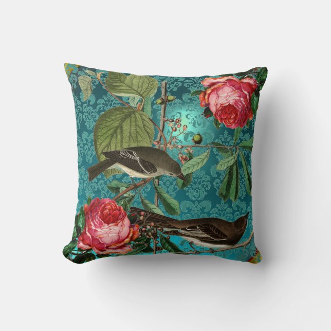 COUSSIN OISEAUX NOIRS, ROSES ROSES ROSES ROSES AQUA BLEU,  (Recto)
