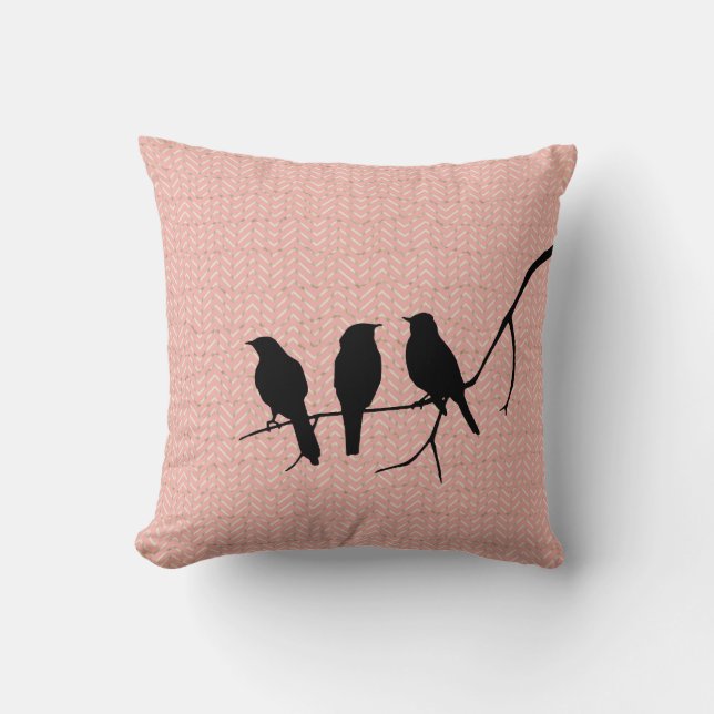 Coussin Oiseaux noirs sur le motif de zigzag rose (Recto)