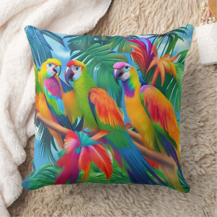 Coussin Oiseaux perroquets colorés palmiers floraux tropic