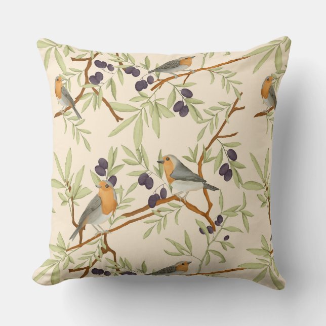 Coussin Oiseaux robots sur branche d'olivier (Recto)