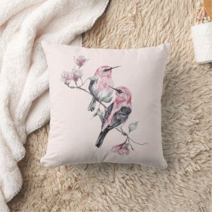 Coussin Oiseaux roses et noirs sur une branche d'arbre