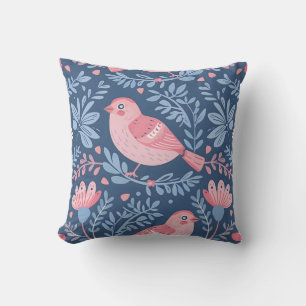Coussin Oiseaux roses mignons sur gris bleu