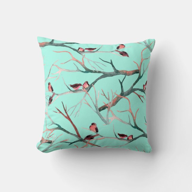 Coussin Oiseaux sur les branches de l'arbre aquarelle pein (Recto)