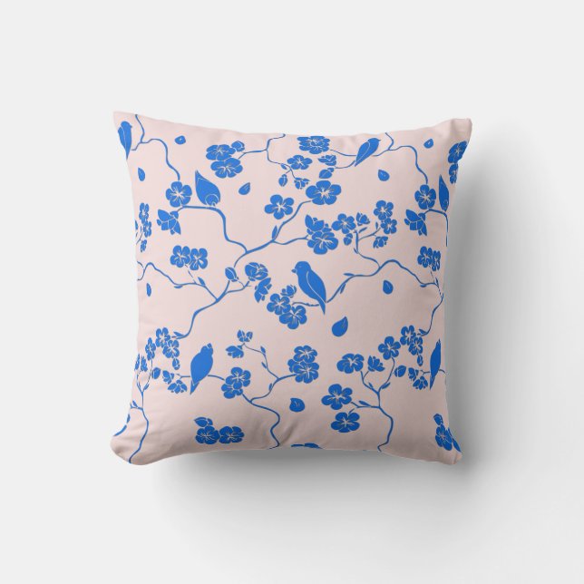 Coussin Oiseaux sur les fleurs de cerisier Bleu sur Blush (Recto)