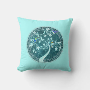 Coussin Oiseaux sur une branche Aqua Blue Reversible