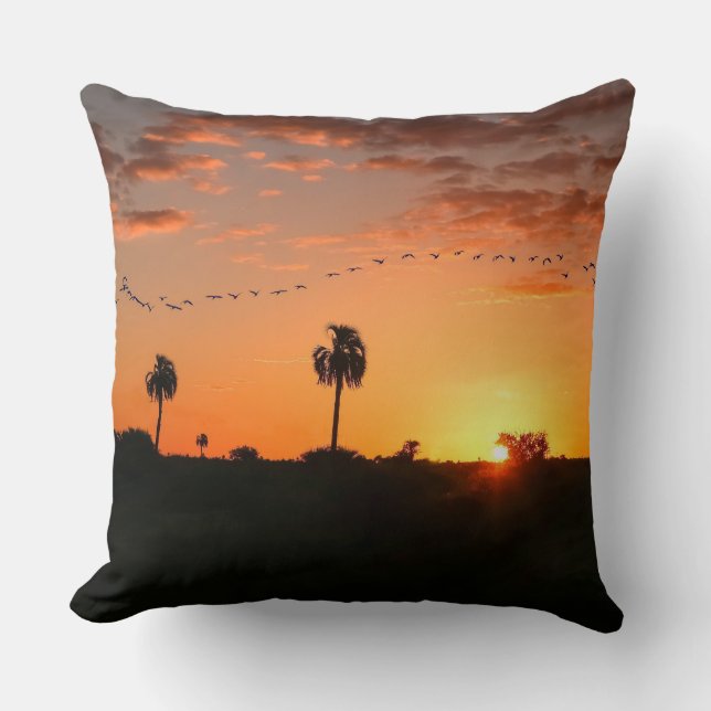 Coussin Oiseaux traversant au coucher du soleil (Recto)