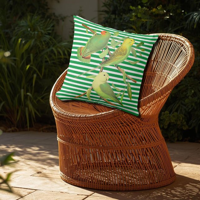 Coussin Oiseaux tropicaux en rayures blanches vertes (Créateur téléchargé)