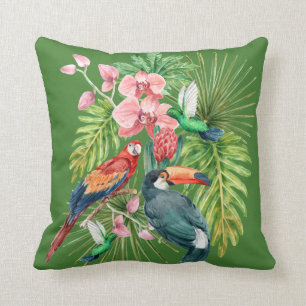 Coussin Oiseaux tropicaux fleurs exotiques vert blanc