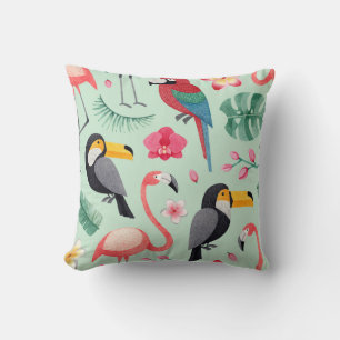 Coussin Oiseaux tropicaux, fleurs, motif d'aquarelle.