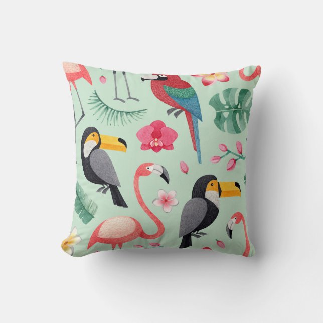 Coussin Oiseaux tropicaux, fleurs, motif d'aquarelle. (Recto)