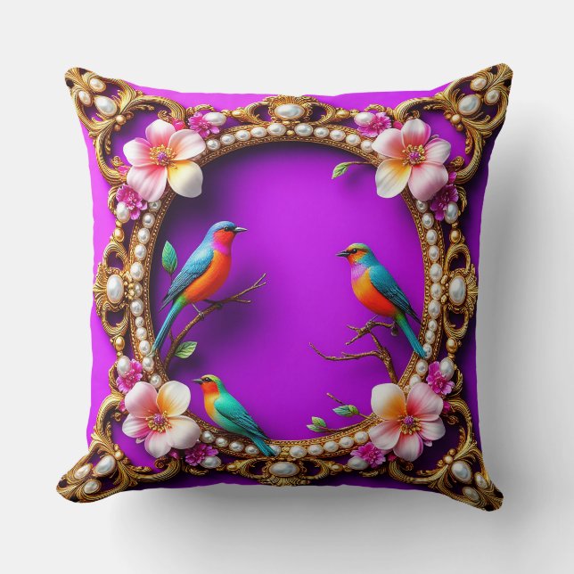 Coussin 🦜 Oiseaux Vibrants Art de la Nature Florale Viole (Recto)