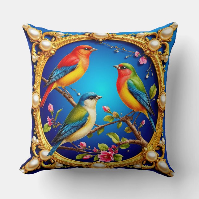 Coussin 💙 Oiseaux Vibrants Décoration Élégante de la Mais (Recto)