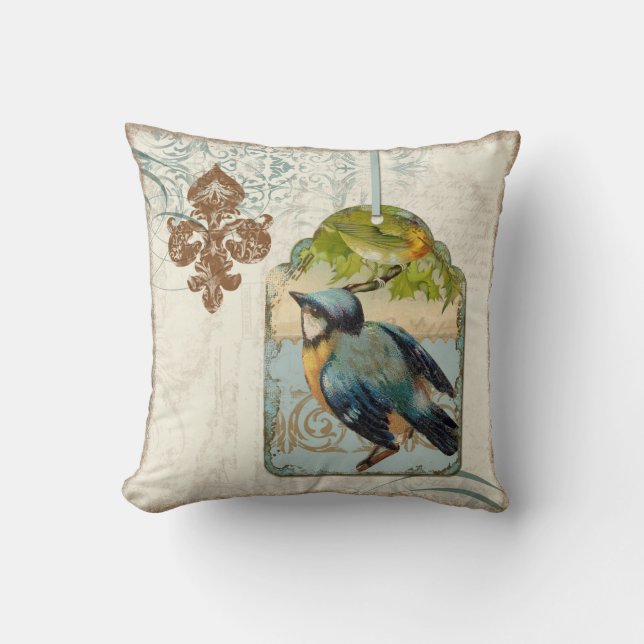 Coussin Oiseaux vintages Floral Postage Branche de l'écoul (Recto)