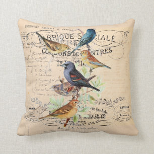 Coussin Oiseaux vintages sur la typographie antique