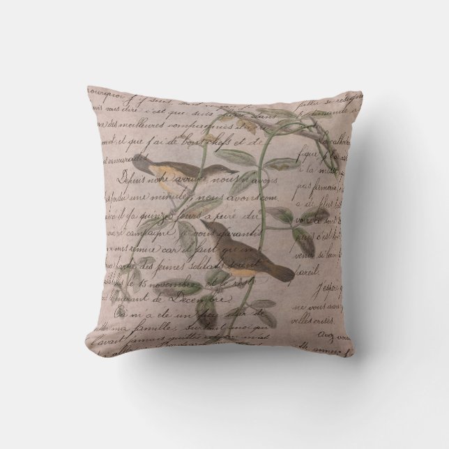 Coussin Oiseaux vintages sur les branches avec écriture (Recto)