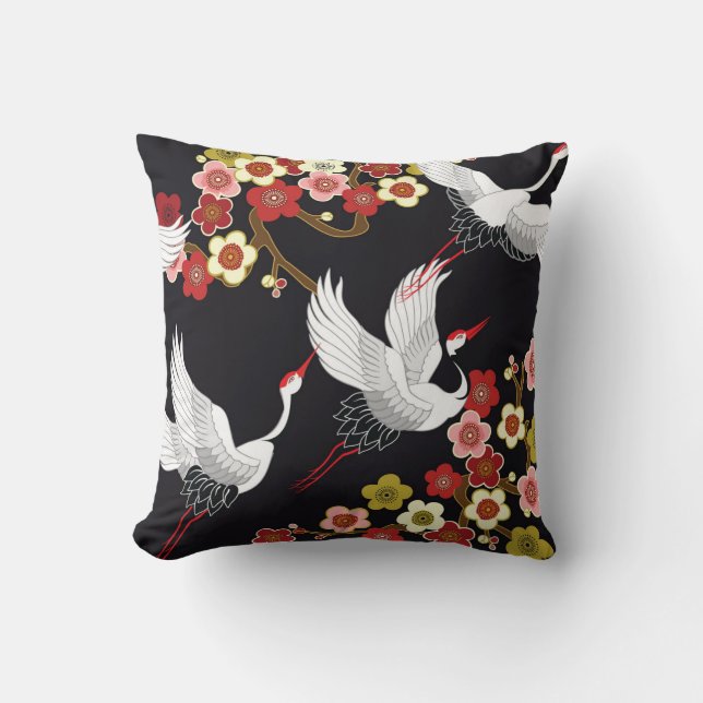 Coussin Oiseaux volants : Heron de grue japonais. (Recto)