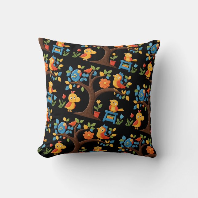 Coussin Oiseaux Whimsical & Fleurs Jeter Oreiller.\ (Recto)