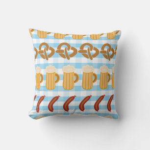 Coussin Oktoberfest : bière, bretzel, motif de saucisses