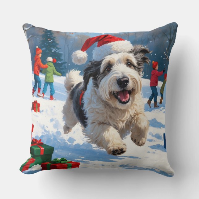 Coussin Old English Sheepdog Running in Snow Christmas Cas (Recto)