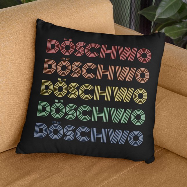 Coussin Oldtimer 2cv Ente 70er Döschwo (2CV Pillow in Black with a Red Blue Yellow Typography)