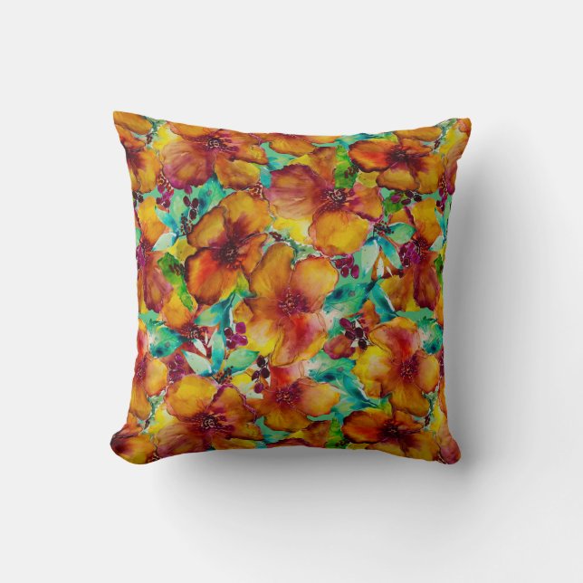Coussin Olina Orange & Hibiscus Vert Aquarelle Tropical (Recto)