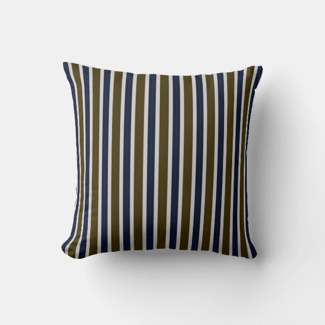 Coussin Olive Brun & Rayures Verticales Navy sur Taupe (Recto)