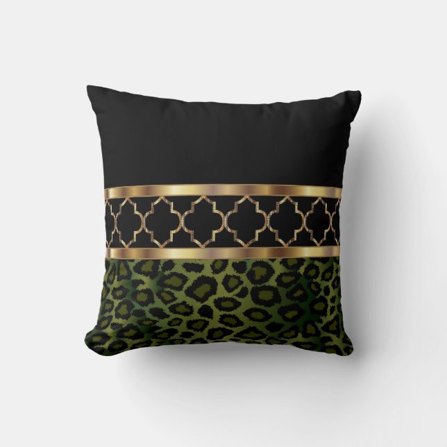 Coussin Olive Green, Black & Gold Quatrefoil et Leopard (Recto)