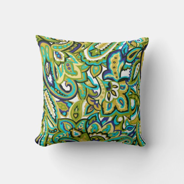 Coussin Olive Green Mustard Jaune Turquoise Blue Paisley (Recto)