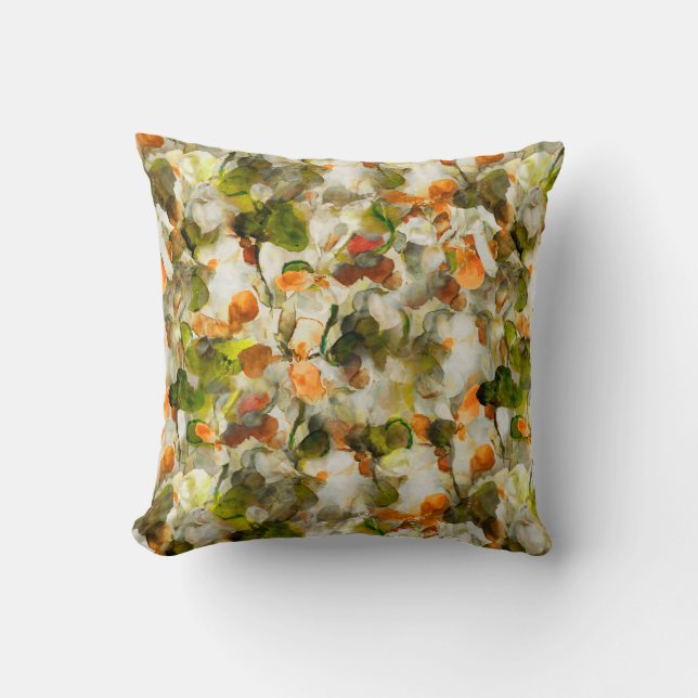 Coussin Olive & Orange Automne Aquarelle Abstraite Florale (Recto)