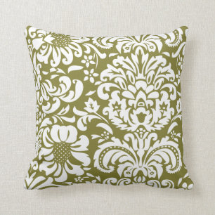 Coussin Olive Vert et blanc Floral Damas