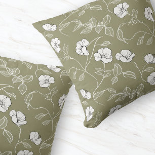 Coussin Olive vert minima ligne florale Art blanc