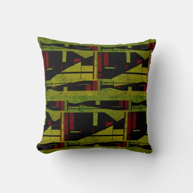 Coussin Olive Vert Noir Rouge Abstrait Grandes Mosaïques M (Recto)