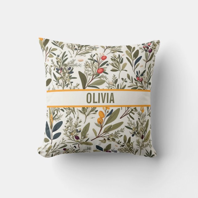 Coussin Olivier botanique et herbes minimal élégant (Recto)