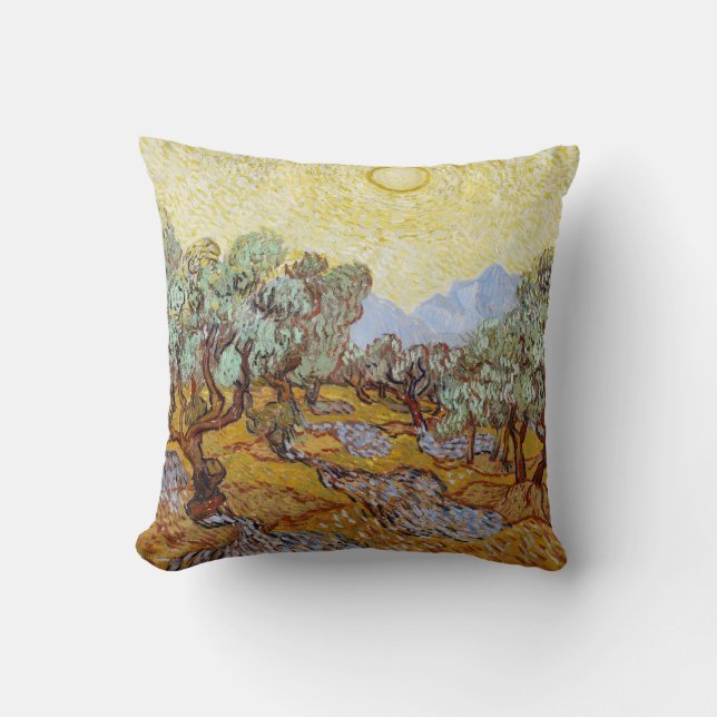 Coussin Oliviers avec ciel jaune et soleil  (Recto)