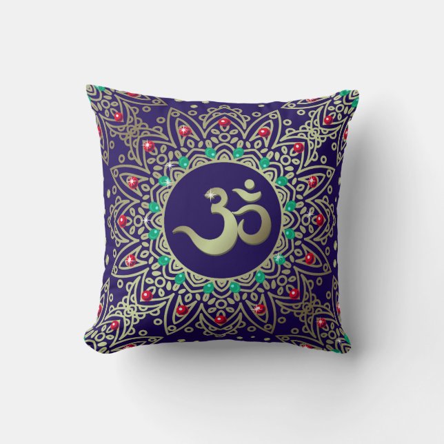 Coussin Om Yoga Symbole Mandala Bleu Rouge Sarcelle (Recto)