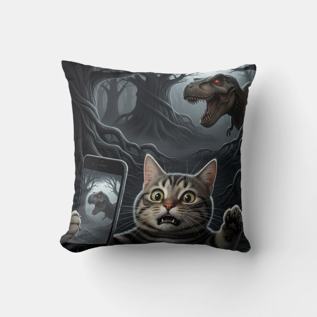 Coussin OMG A Dinosaur ! Selfie de chat drôle avec T-Rex (Recto)