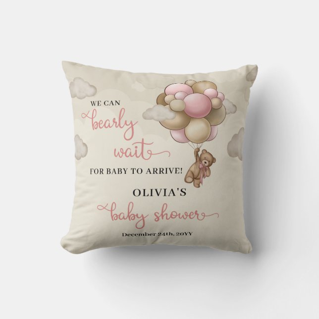Coussin On peut attendre rose ivoire brun ballons fille (Recto)
