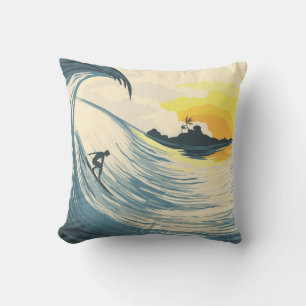 Coussin Onde tropicale et surfer au coucher du soleil