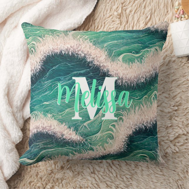 Coussin Ondes océaniques pastel simple Monogramme (Couverture)