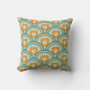 Coussin Ondes Rétro et Fleurs Aqua, Sarcelle, Orange