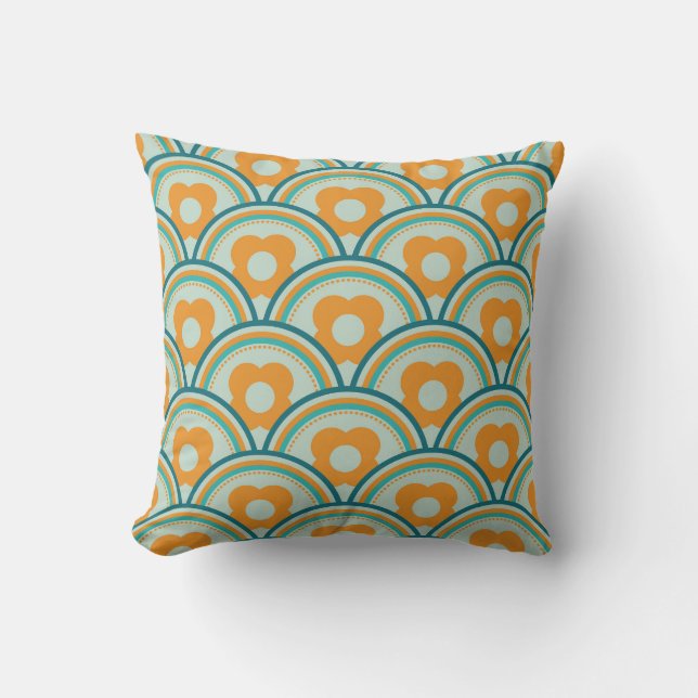Coussin Ondes Rétro et Fleurs Aqua, Sarcelle, Orange (Recto)