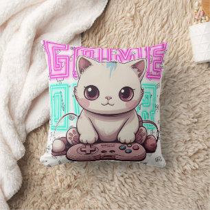 Coussin One Cute Kawaii Gamer Cat, jeu sur